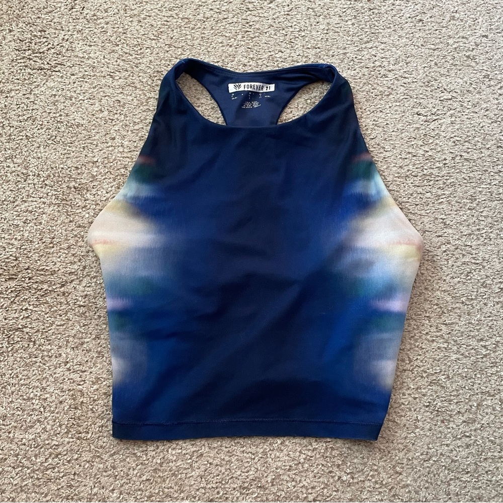 Forever 21 high neck longline sports bra navy blue white removable cup pockets